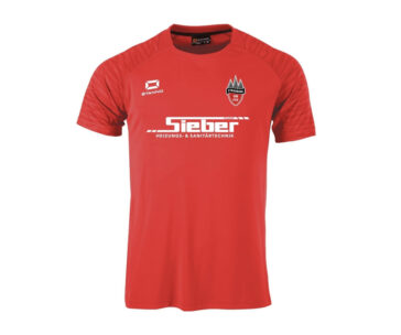 Rotes Straubing Trikot mit Sponsoraufdruck