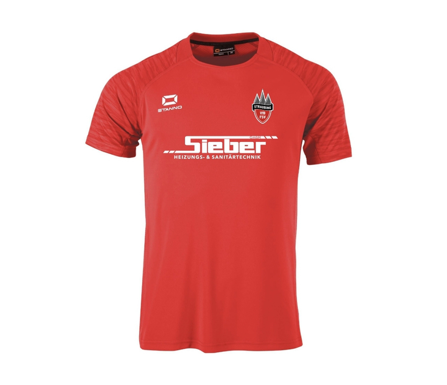 Rotes Straubing Trikot mit Sponsoraufdruck